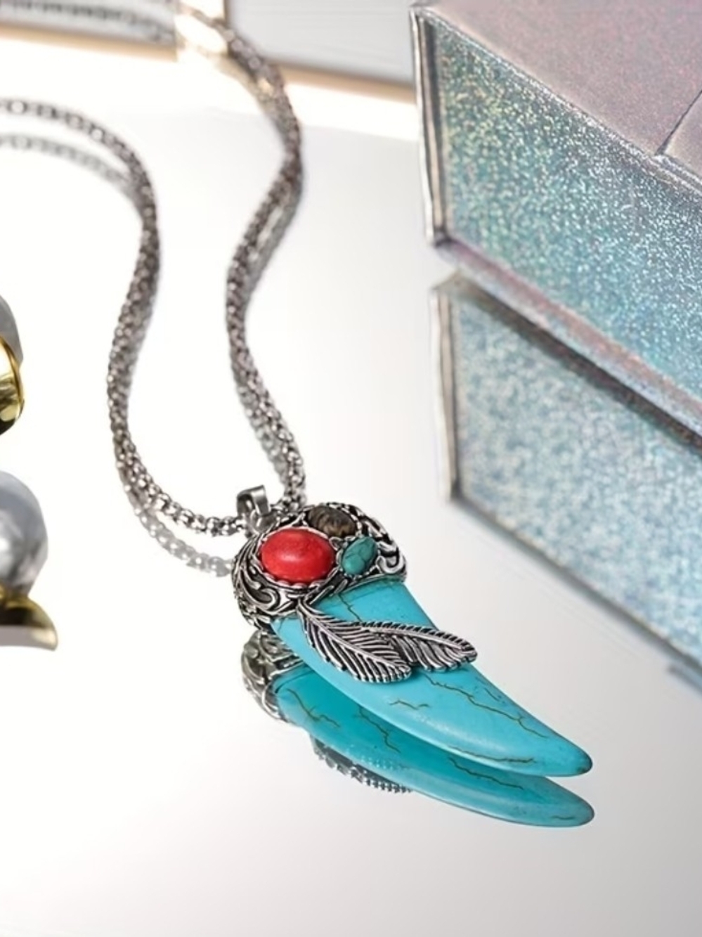 NWOT-Turquoise and Coral Feather Pendant Necklace - Women's Jewelry.
